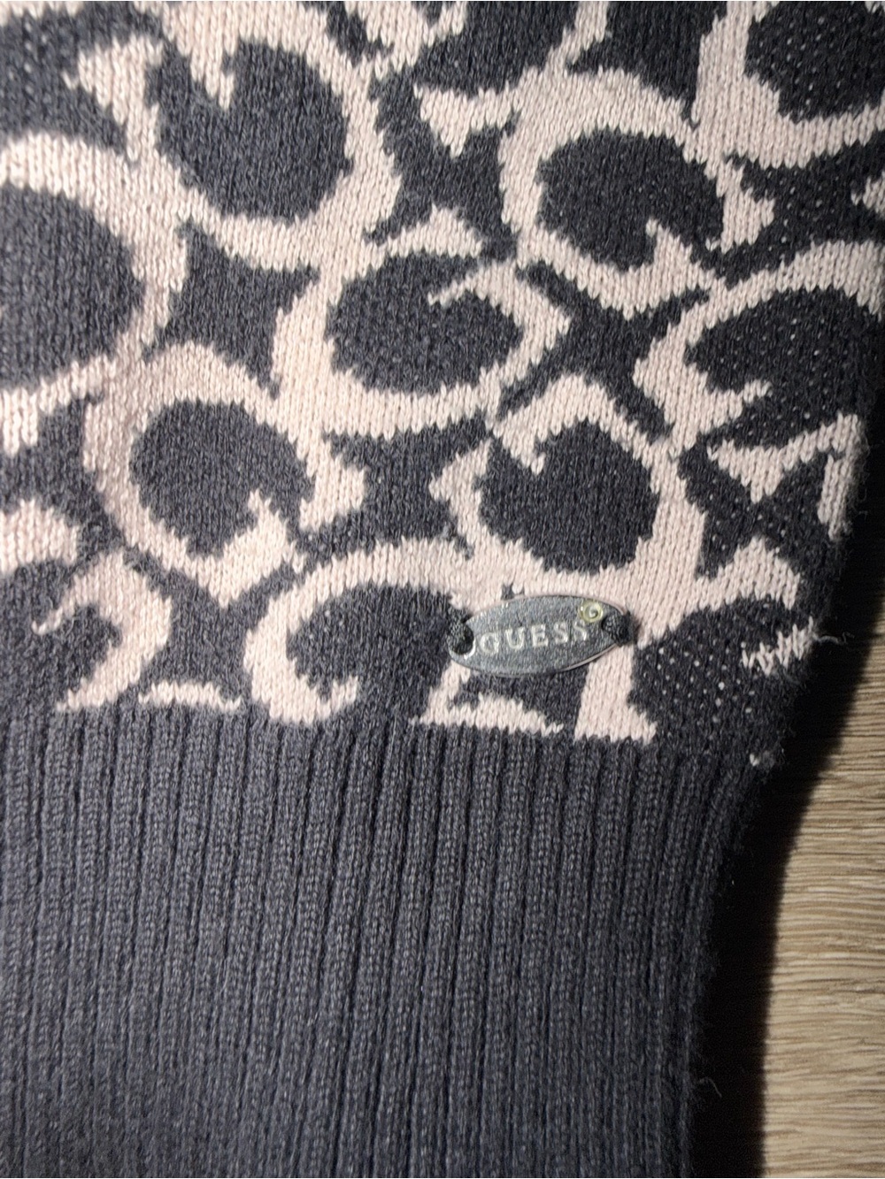 GUESS Black and Light Pink Leopard-Print Crew Sweater
